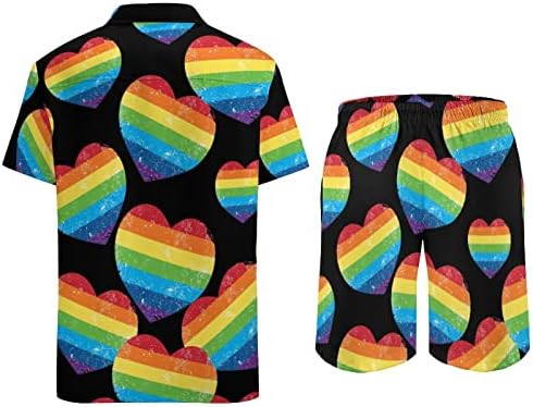 Правата на гейовете Дъгата Ретро Флаг във формата на Сърце, Мъжки Плажни Дрехи от 2 теми, Хавайска Риза с Копчета с Къс ръкав