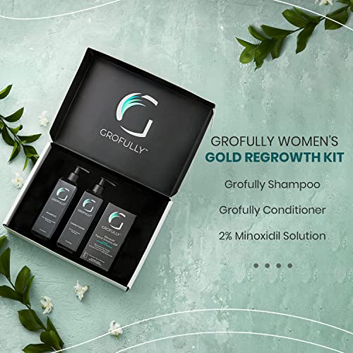Комплект за възстановяване на косата Grofully за жени - златен | 3-степенна система | шампоан, балсам и 2% миноксидил