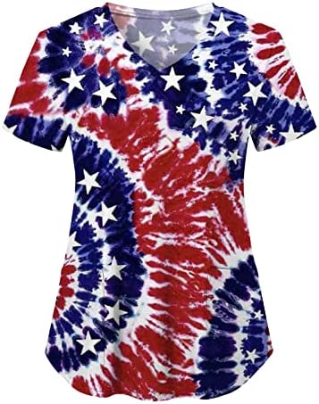 Женска Тениска с 4-ти юли, Флаг на САЩ, Лятна Тениска с Къс ръкав и V-образно деколте, 2 Джоба, Блузи, Празнична Ежедневни