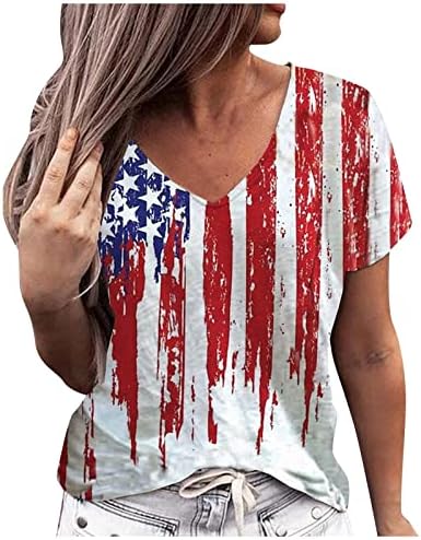 MIASHUI Тениска Дамска с Принтом на Деня на Независимостта, Ежедневни тениски с V-образно Деколте, Пуловер