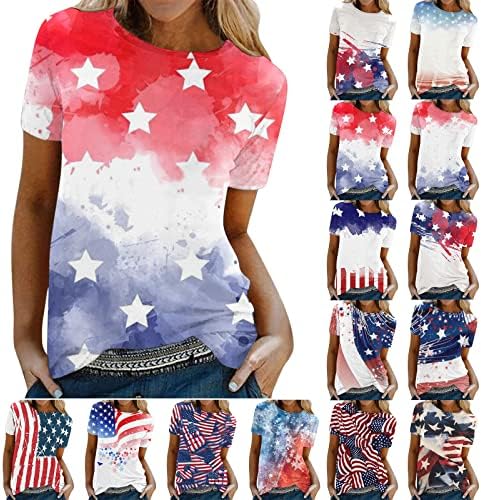 Тениски на 4 юли, Ризи за Жени, Лятна Тениска с Кръгло деколте и Къс Ръкав, Флаг на САЩ, Звездна Лента, Тениска с Вратовръзка-Боя