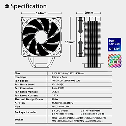 Въздушен охладител на процесора novonest Black, 5 Медни топлинни тръби с директен докосване, 120-мм PWM-процесор, 190W
