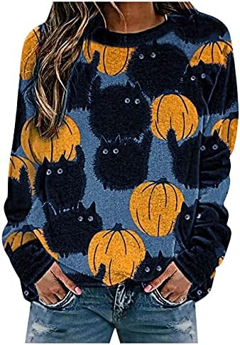 Hoody с Дълъг ръкав и принтом на Хелоуин, на Женска Блуза, Сладка Тиква и Черна Котка, Всекидневни Свободен Пуловер