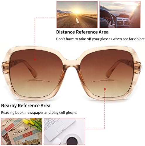 JM Бифокални Очила за четене, Големи Слънчеви Очила за Жени с Защита от Uv Открито Кафяво + 0.0