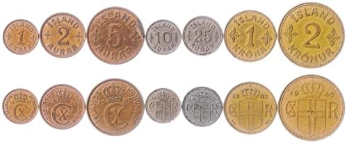 7 Монети от Исландия | Колекция Icelander Coin Set 1 Эйрир 2 5 10 25 Аурар 1 2 Крон | В обращение 1922-1942 | Монограм