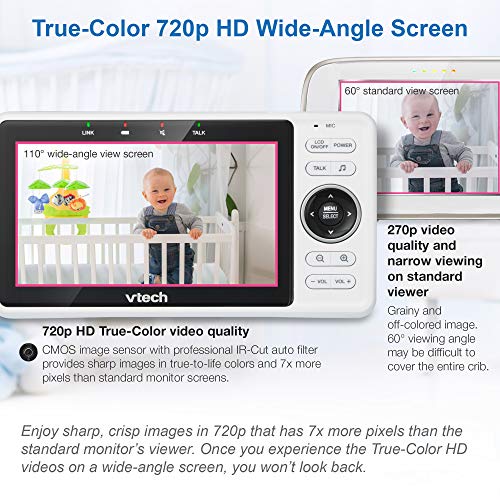 VTech Обновен умен WiFi следи бебето VM901, 5-инчов 720p дисплей, Камера 1080p HD нощно виждане, Напълно дистанционно