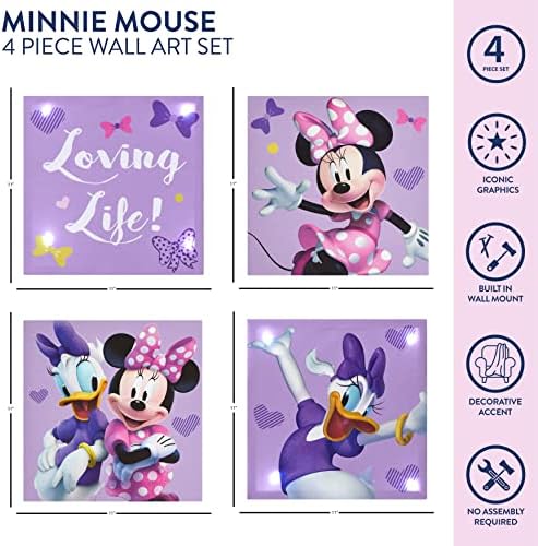 Idea Nuova Disney Minnie Mouse Платно, 4 Опаковки, Led Комплект за Стенен Творчество, Детски Стенен Декор, Всеки детайл