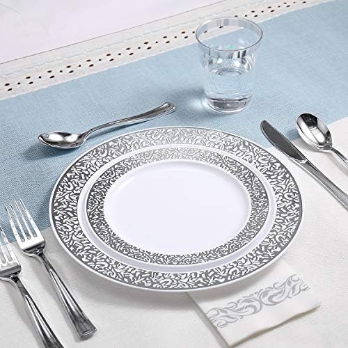 Комплект сребърни изделия от 175 точки за 25 Гости -50 Сребърни Дантелен пластмасови чинии-25 Сребърни пластмасови прибори за