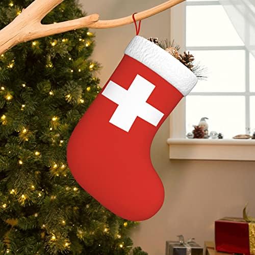 QG ZZX Коледни Чорапи с Бяла Супер Меки Плюшени Белезници, Коледни Чорапи с Швейцарския Флаг, Коледна Украса, на Отглеждане