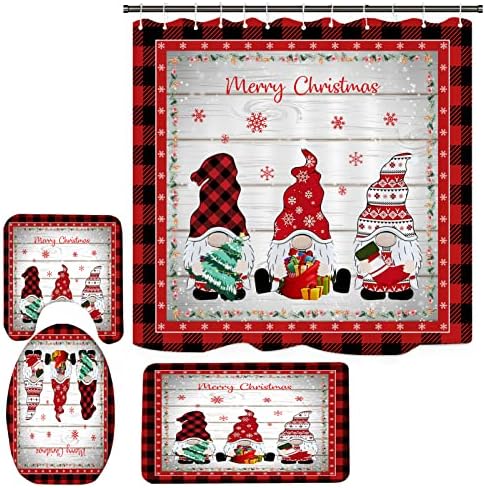 Коледни Комплекти за баня Gnome със Завеса за душ и подови изтривалки на разположение, Комплект за душ Завеси Весела Коледа