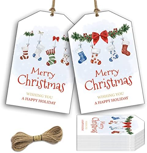 Коледна виси Етикет с Шнурком, 50шт Хартиени Етикети весела Коледа, Етикети за Зимните Празници, Лични Тагове за Коледни