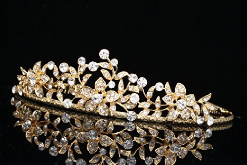 Корона-диадема SAMKY Flower Leaf за младоженци - прозрачни кристали със златно покритие T656
