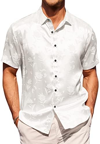 COOFANDY / Мъжки Летни Жакард Ризи С Къс ръкав, Коприна Сатен Ежедневни Риза с копчета, Хавайски Плаж Върховете