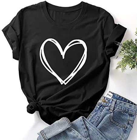 Лятна Ежедневни Тениска за Жени с Принтом Сърцата, Блузи Свободно, Намаляване, Тениски с Кръгло деколте и Къс