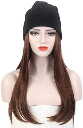Дамски шапка за коса HOUKAI, черна вязаная шапка с перука, дълга права коса, кафява шапка за перука
