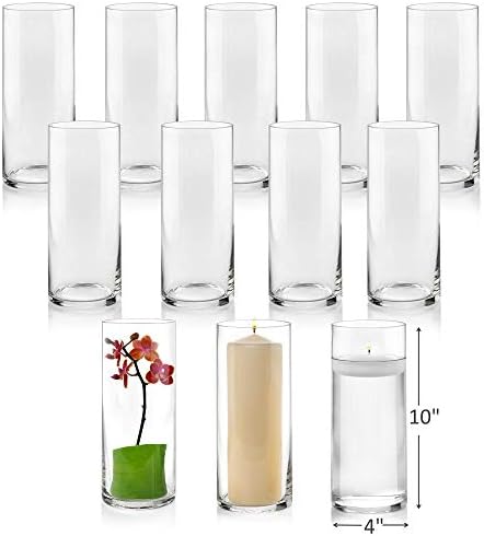Комплект от 12 Стъклени Цилиндрични вази с височина 10 инча - Multi-цел: Свещник на колумб, плаващи Свещници или Ваза