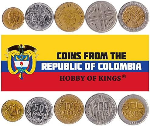 5 Монети от Колумбия | Колекция колумбийски монети 20 50 100 200 500 песо | В обращение 2004-2012 | Птица | Симон
