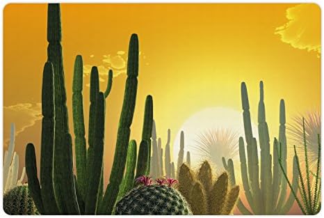 Подложка за домашни любимци с кактусом Ambesonne за храна и вода, Залез над Пустинен пейзаж, Различни видове кактуси