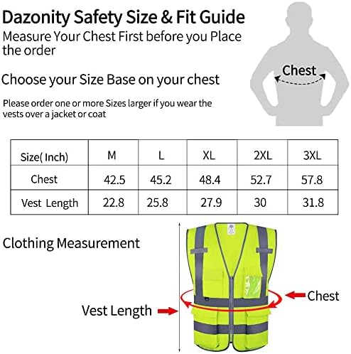 Жилетка за безопасност висока видимост Dazonity с множество джобове и цип, 20 парчета, 2XL, Подходящ за мъже и Жени,