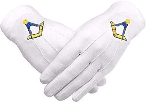 Масонские памучни ръкавици с машинна бродерия, Жълт квадрат и компас (2 чифта) (X-Large)