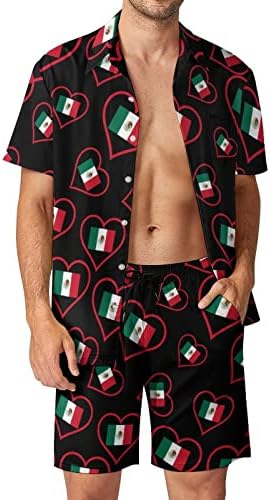 I Love Mexico Red Heart Мъжки Хавайски Комплект от 2 теми, Ризи с къс ръкав копчета, Плажни Панталони на