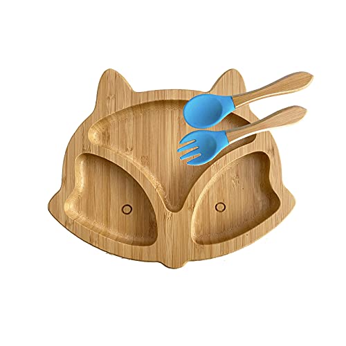 Бамбук Издънка на Fox Бамбукови Чинии за деца и Лъжица-Разклона за Самостоятелно хранене (в синьо)