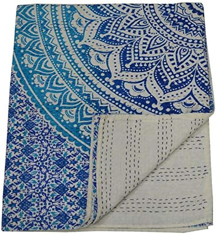 V Vedant Designs Син Гоблен Омбре Queen Cotton Kantha Quilt Каре Воал Индийското Стеганое Одеяло, 80x90 См, Синьо