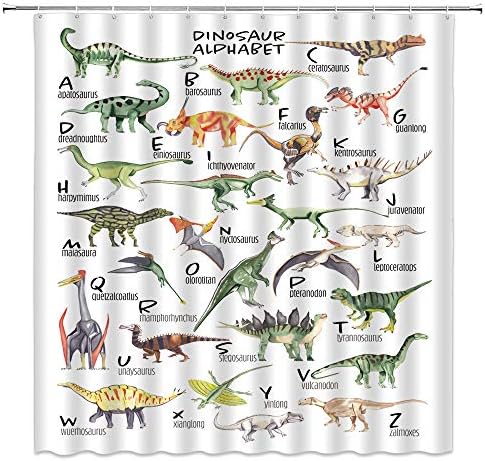 Завеса за душ с Азбука на Динозаврите, Забавна Образователна Азбука с Красиви Динозаврите, Цветни Илюстрации