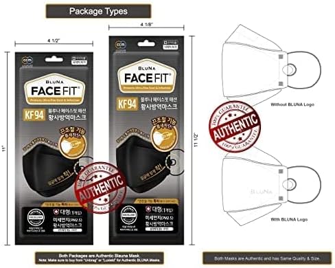 Сертифицирана KF94 [20 опаковки] [BLUNA] Висококачествена 4-слойная черна маска за лице [Регулируема ушна контур] [Защита
