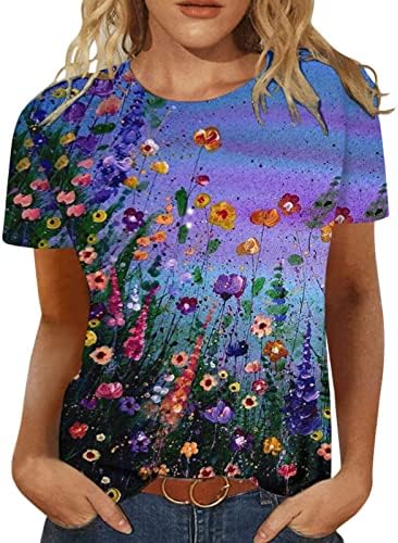 Дамска Тениска с Цветен Принтом, Къс Ръкав, през Цялата Силует, Ежедневни Свободна Блуза, Риза, Модни Реколта Тениски