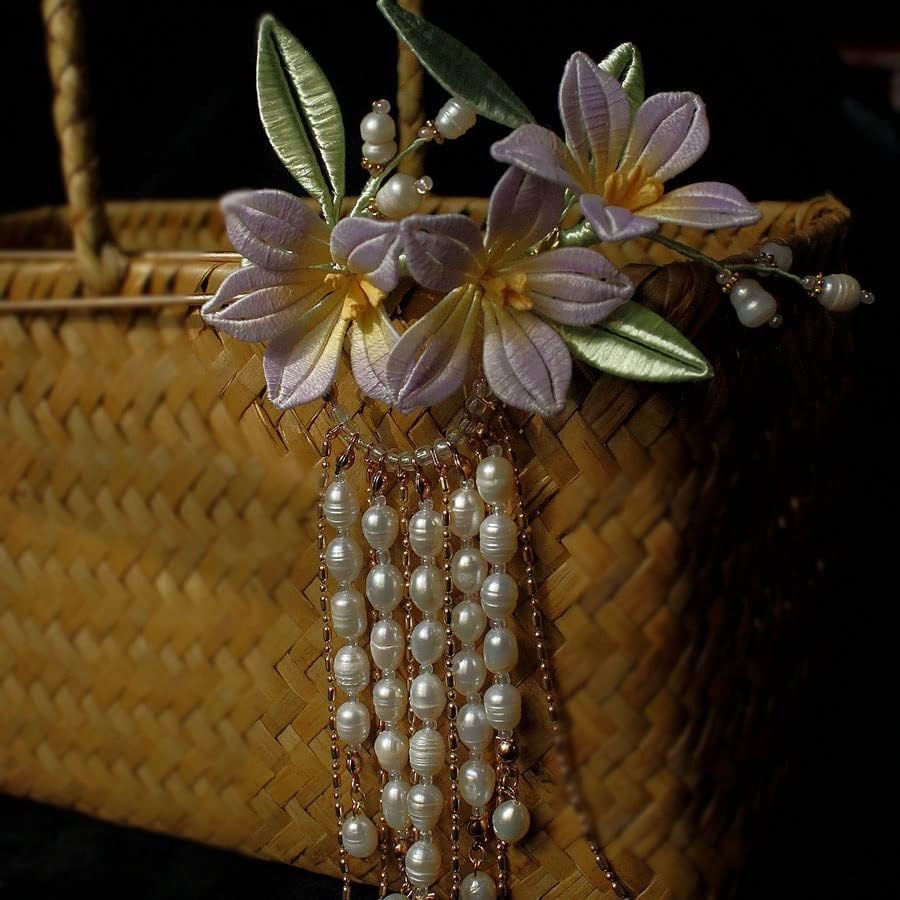 Шнола за коса с една орхидея-пеперуда във формата на цвете орех, Скъпа Малка Прясна шнола с ресни (Цвят: B размер: 10 * 7 cm)