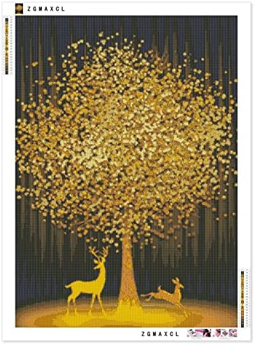 ZGmaxCL 5D Диамантена Живопис Комплекти САМ за Възрастни Пълна Тренировка Златното Дърво и Лосове Crystal