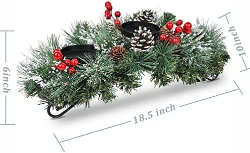 Дървена 18,5-инчов Коледен Свещник Централен Елемент, Борови Шишарки и червени Плодове Централен Елемент на Маса