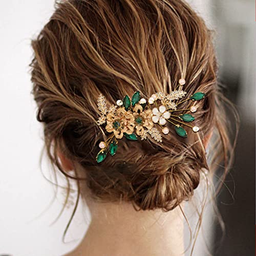 Плосък сватбена шнола за коса със зелен кристал, златни цветя, перли фиби за коса на булката, стразовый лист, сватбени