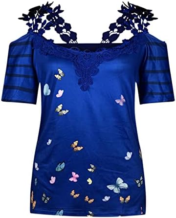 Блузи с къс ръкав и Отворени Рамене, Дамски Блузи С V-образно деколте, Лейси Пеперуда, Свободна Засаждане, Блузи