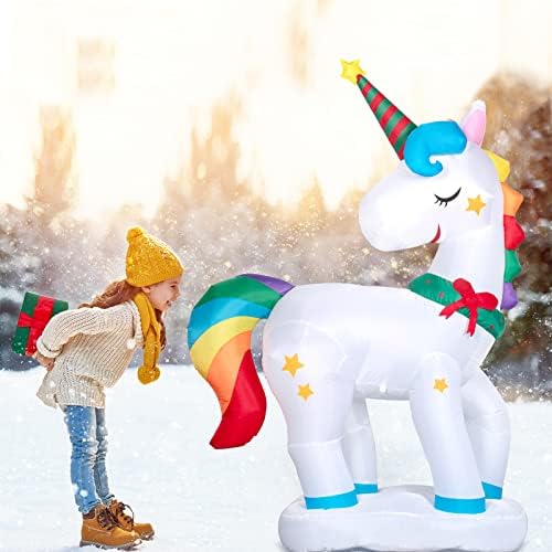 DECORLIFE 6-подножието Коледни Надуваеми играчки, Надуваем Еднорог с Вградени Въртящи се Светлини, Коледни Надуваеми