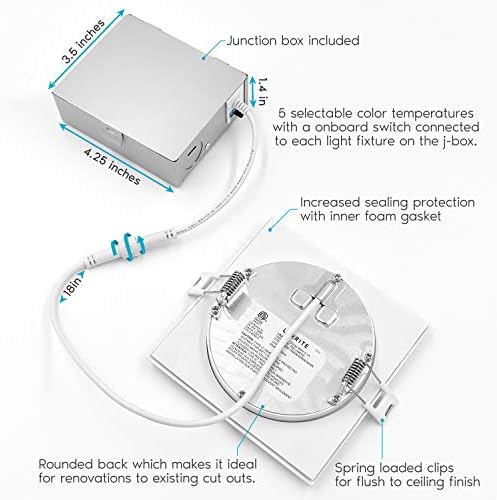 LUXRITE 4-Инчов ултра тънък квадратен led-вградени лампа, 5 варианта на цветовата температура 2700 К - 5000 К, led лампа с регулируема