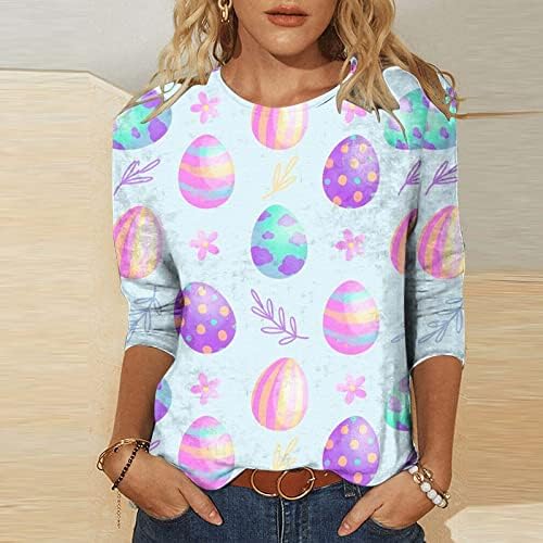 Comigeewa Happy Easter Egg Подарък Ризи за Късна Закуска за Дамите с Кръгло Деколте и 3/4 ръкав От Ликра, Графични