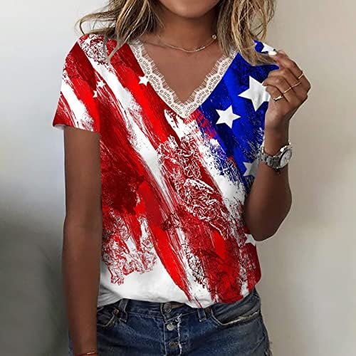 Тениска на Деня на Независимостта за Жени, Лятна Ежедневни тениски с V-образно деколте и Принтом на Американското,
