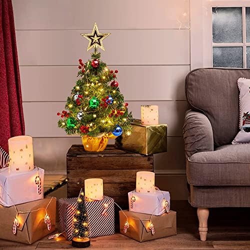 Настолен Мини Коледно Дърво, 24-Инчовата Миниатюрна Борова Коледно Дърво с Висящи Украшения, Малко Коледно Дърво със светлини,