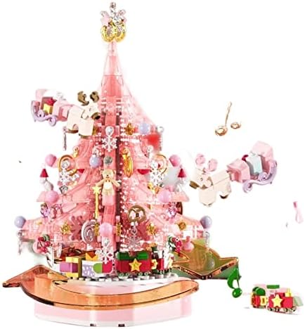 Коледна украса PIFUDE, Коледна Розов Кристален Коледно Дърво, Строителни Блокове, Подарък Въртяща се Музикална ковчег,