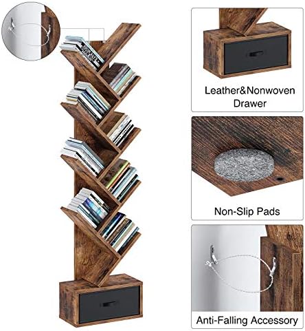 Bookshelf Rolanstar, с чекмедже, 9-Ярусная bookshelf от дърво, Дървена етажерка за съхранение на cd-та, филми и Книги