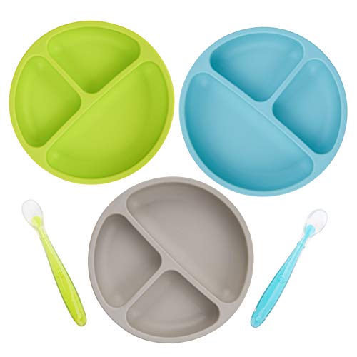 Детски Изсмукване на чинии KingKam с капаци - Разделени чинии за деца от хранително силикон с лъжици - Комплект