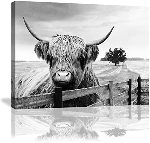 Високият Крава Платно Черно-бял Пейзаж Пасища Коси Крава Животни Стенни Художествени Картини на Платно Стенно Изкуство