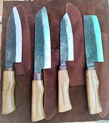 Комплект кухненски ножове от Hi Carbon 5160 за Жени от 4 теми с дръжка от Ясеневого дърво и Красив Кожен калъф | Подарък
