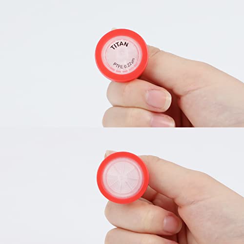 Шприцевой филтър, Гидрофобный Мембранен диск от PTFE, Диаметър 25 мм, Размер на порите 0,22 микрона, нестерильная опаковка по 10 броя червено