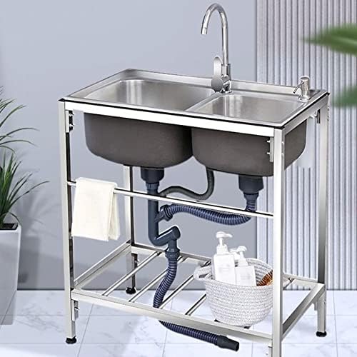 Кухненска мивка, свободно стояща търговски ресторанная мивка с двойна чаша от неръждаема стомана, Градинска мивка с течаща вода, източване и рафтове, обикновено е ?