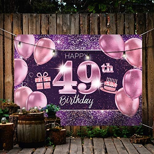Банер PAKBOOM Happy 49th Birthday Background - 49 Предмети за Украса на парти по случай рождения Ден на Жените - Розово Лилаво Златен 4 x 6 метра