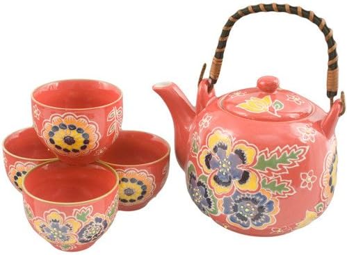 Японски Ботаническата Чай с Цвете Божур, Керамични Кана с дръжка от Ратан и 4 Чаени чаши (Зелен)