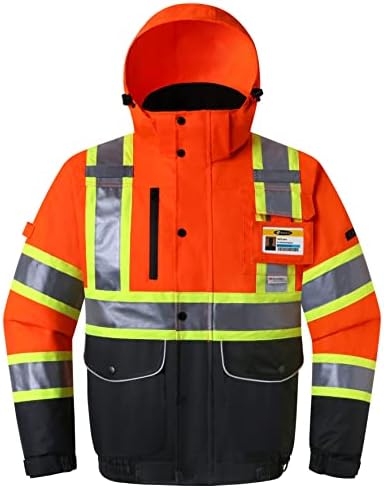 Зимно яке-бомбер JKSafety с 10 джоба, водоустойчив светоотражающая яке-бомбер Hi-Vis 3 М | Неоново-Оранжев Черен спускане | Защитен джоб за iPad или таблет | Подвижна качулка и ?